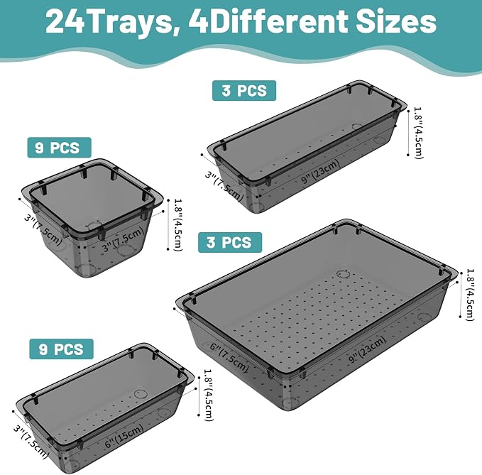 WOWBOX 24 PCS Clear Plastic Drawer Organizer Set, 4 Sizes Desk Drawer Organization and Storage Containers for Makeup, Cosmetics, Jewelry and Gadgets in Kitchen, Bathroom, Bedroom, Office, Clear Black
