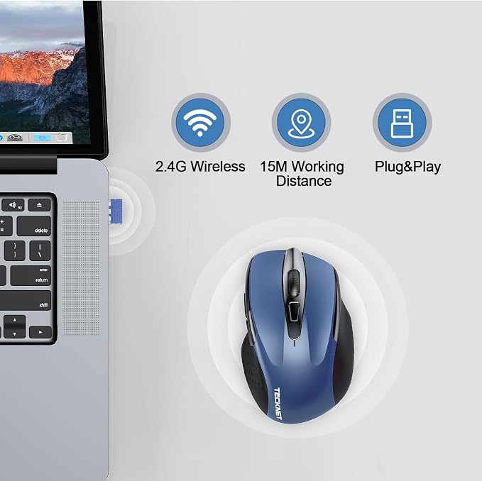 TECKNET Wireless Mouse Rechargeable, 2.4G USB-A Silent Mouse, Quiet Click, 6 Adjustable 4800 DPI, Cordless Computer Mice, Ergonomic Mice for Laptop, 6 Buttons for Chromebook, Ergo Grip - Blue