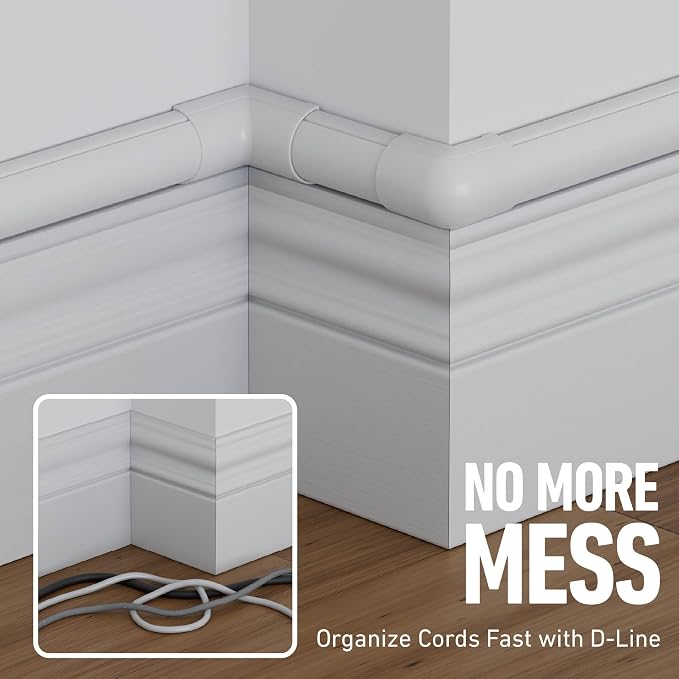 D-Line 13.12ft Cord Hider Kit, Patented Cable Cover, Hide Wires on Wall, Channel for TV Mount Cords, Raceway Wire Hiders, Paintable, Adhesive, Half Round, 4X 1.18in W x 0.59in H x 39in Lengths, White