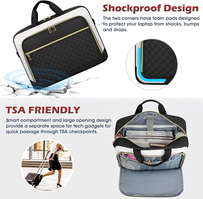 NEWHEY Laptop Bag 17.3 Inch Laptop Briefcase for Women Men Waterproof Shoulder Messenger Bag Large Computer Bag for Business Office Work College, Black&Beige