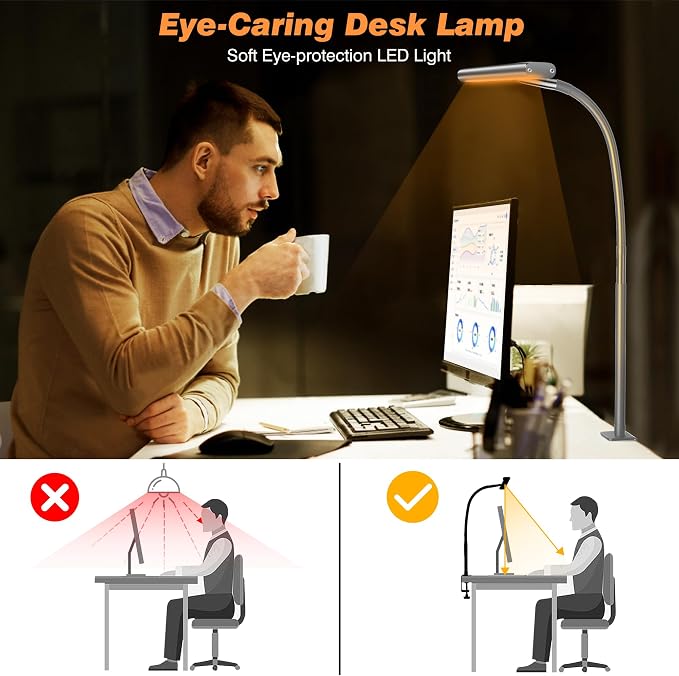 Airlonv LED Desk Lamp for Office Home, Eye-Caring Desk Light with Stepless Dimming Adjustable Flexible Gooseneck, 10W USB Adapter Desk Lamp with Clamp for Reading, Study, Workbench (Grey)