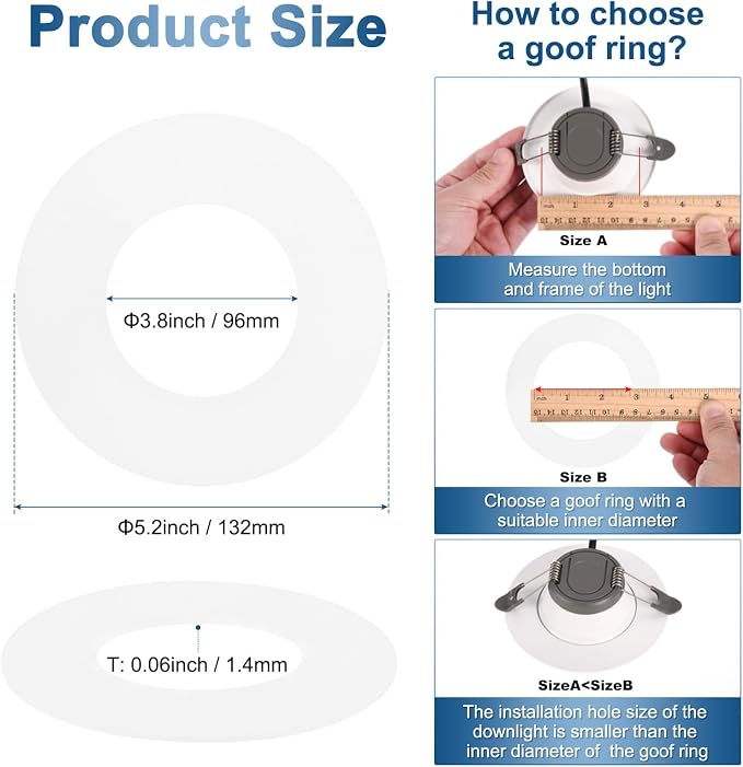 M METERXITY 1-Pack Goof Rings for 4 Inch Recessed Lights, 3.8" ID 5.2" OD Durable Plastic Trim Ring Flush Mount White Can Light Trim Ring Cover for Ceiling Can Downlights