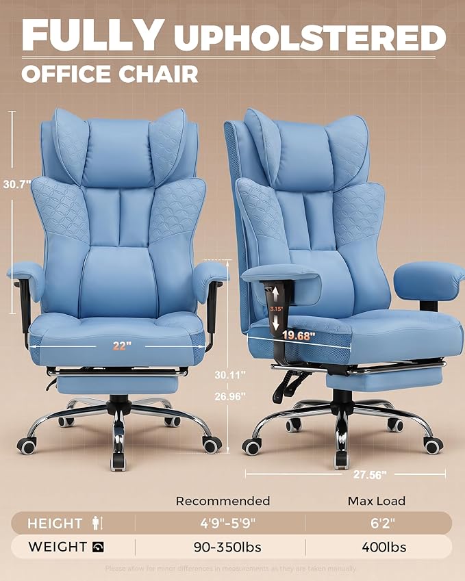 GTPLAYER Big and Tall Office Chair, Wide Ergonomic Gaming Chair with Deluxe Embossing Designed Leather with Foot Rest,150°Reclining Adjustable Soft Armrests Pocket Spring Back Support and Pillow
