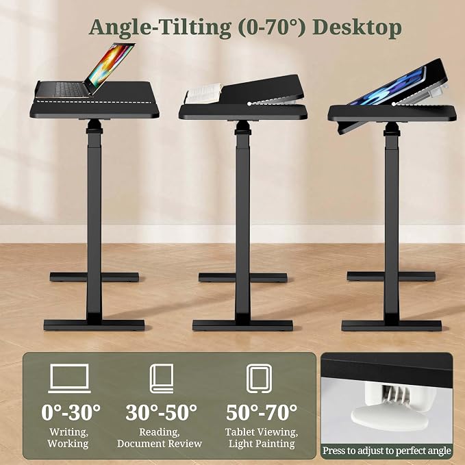 Mobile Standing Desk with Hidden Casters, Adjustable Height Desk, Portable Laptop Computer Table with Tilting Top, for Sit Stand Workstation, Compact and Sturdy for Home, Office, Dorm, Black