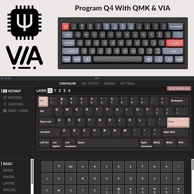 Keychron Q4 Wired Custom Mechanical Keyboard, QMK/VIA Programmable Macro, Full Aluminum, Hot-Swappable Gateron G Pro Blue Switch, 60% Layout Double Gasket Compatible with Mac and Windows - Black