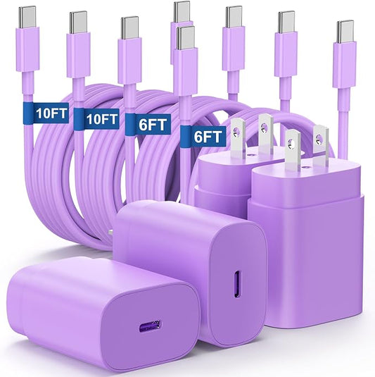 Essri Type C Charger Fast Charging for Samsung Galaxy S25/S24/S23/S22/Note 20,4Pack 25W Super USB C Fast Charger Block with (6ft+10ft) x2 Cables for iPhone 15/16 Pro Max/Plus, Android Phones-Purple