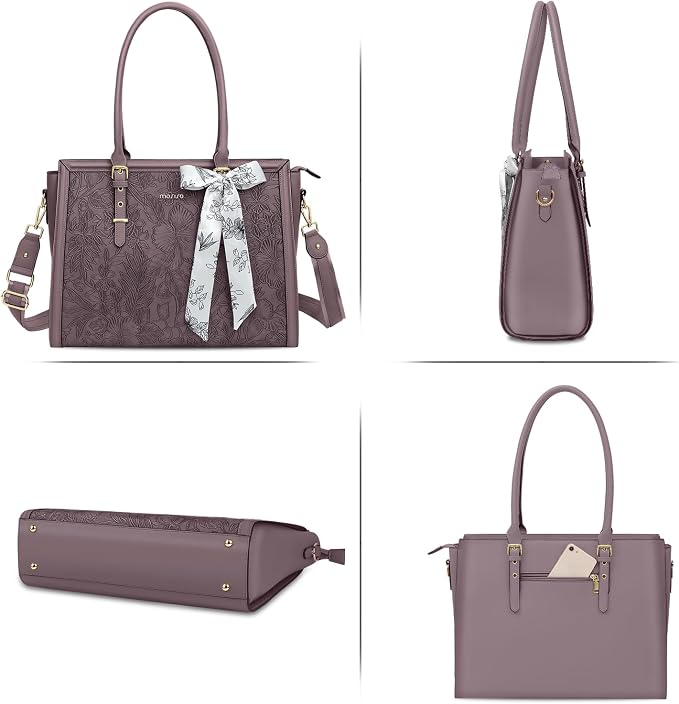 MOSISO Laptop Bag for Women, 17-17.3 inch PU Leather Tote Bag Compatible with MacBook, HP, Dell, Asus Notebook, Front Embossed Retro Hibiscus Computer Bags with Silk Scarf&Clutch Purse, Slate Purple