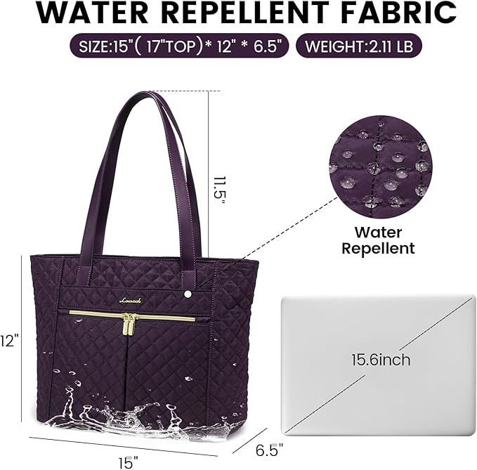 LOVEVOOK Laptop Bag for Women, Stylish Diamond Quilted Work Tote with Clutch Purse, 15.6-inch Purple Tote