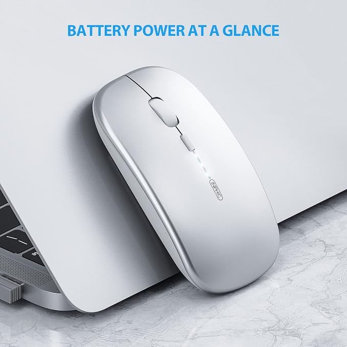 INPHIC Bluetooth Mouse Rechargeable, Battery Visible, 2.4G Silent Cordless,1600 DPI with USB Receiver, Silver