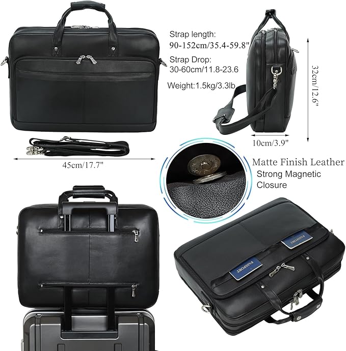 Masa Kawa Leather Briefcase for Men 17/15.6" Laptop Crossbody Shoulder Messenger Bag Business Travel Work Attache Case