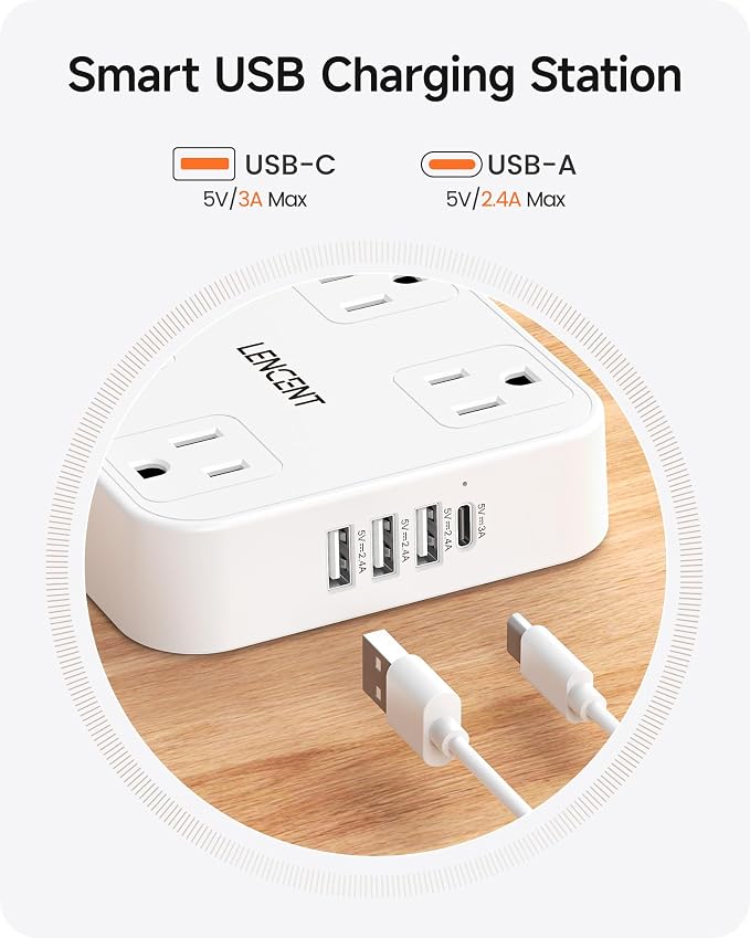 LENCENT 2 Prong Power Strip, 3 to 2 Prong Outlet Adapter, Surge Protector with 10ft Braided Extension Cord with Thin Flat Polarized Plug, 6 AC & 4 USB (1 Type-C), Wall Mount for Non-Grounded Outlet