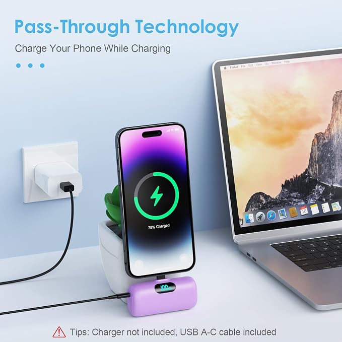 [2 Pack] Small Portable Charger for iPhone,Upgraded 5000mAh PD Fast Charging Power Bank, LCD Display Cute Mini Battery Pack Compatible with iPhone 14/14 Pro Max/13/13 Pro/12 Pro/11/XR/X/8,Blue+Purple