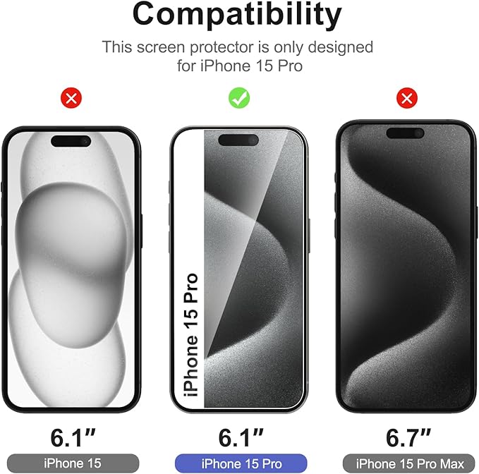 NEW'C 3x for iPhone 15 Pro Screen Protector (6.1 inches)+ 3x Camera Lens Protector, Sensor Protection, Case Friendly Tempered Glass Film + Dust Plug- Easy installation tool include