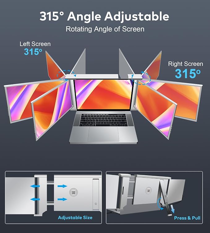 Laptop Screen Extender, 14" FHD 1080P IPS Laptop Monitor Extender, 315° Rotation Triple Portable Monitor for 13.5" -16.5" Laptops, Type-C/HDMI/USB-A Plug & Play for Wins, Mac, Android, Switch