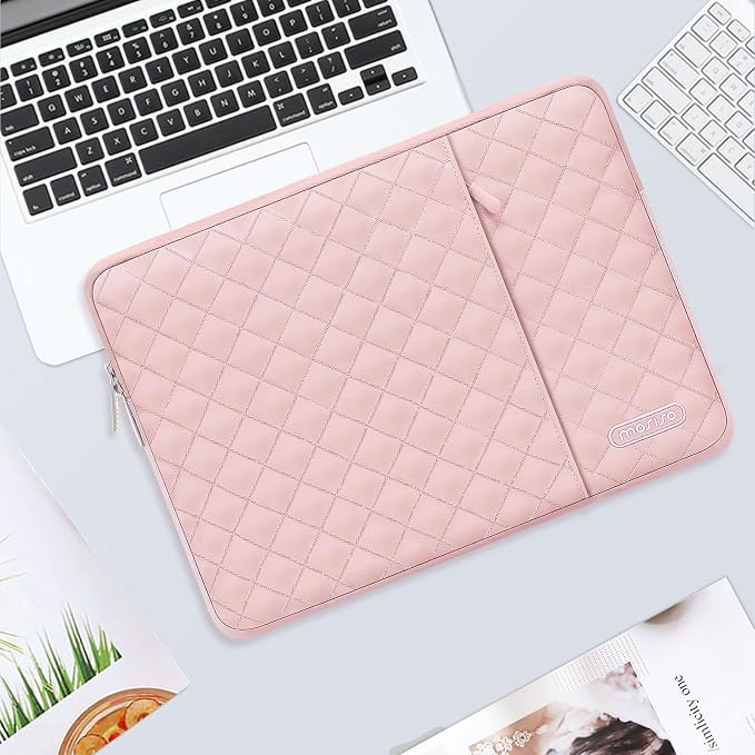 MOSISO Laptop Case 14 inch, 14 inch Laptop Sleeve Compatible with HP Lenovo Dell ASUS, HP Stream, Dell Latitude, Lenovo IdeaPad, Square Quilted Vertical Computer Bag with Pocket&Small Case, Chalk Pink