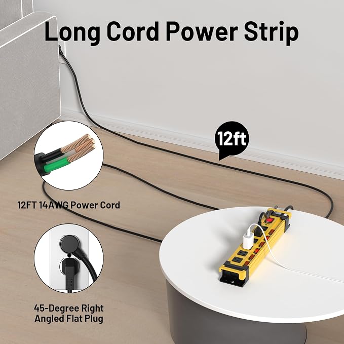 Power Strip Surge Protector 2700J with Individual Switches and Flat Plug, 12FT Heavy Duty Cord 6 Wide Spaced Outlet Mountable Metal Power Strips with Cord Manager and Hanger