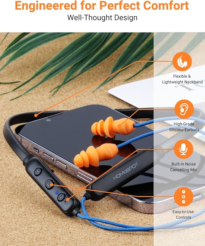 Noise Reduction Wireless Neckband Headphones with Qualcomm aptX HD, 27dB NRR, CVC Noise Cancelling Mic & Controls and 20H Playtime for Work Safety OSHA Compliant - Blue Wire Orange Earbuds