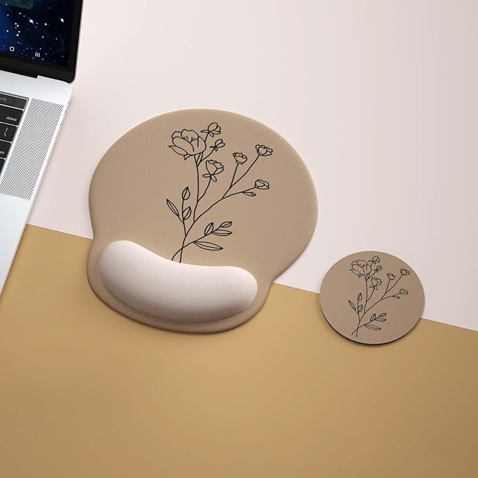 Ergonomic Mouse Pad with Wrist Rest,Mousepad with Wrist Support - Cute Gel Portable Mouse Pads for Desk Laptop,Computer,Office & Home Decor-(Beige Plants)