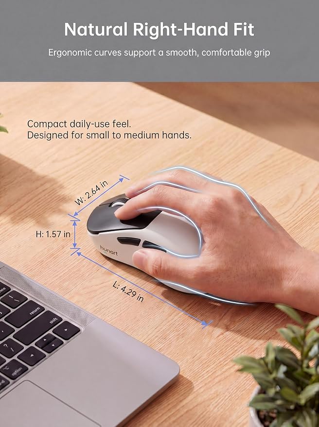 hunart H6 49g Wireless Mouse, Bluetooth & 2.4GHz Rechargeable Mouse, Lightweight Silent Ergonomic Mouse with USB-C Charging, Portable Right-Hand Office Mouse for Laptop, PC, Mac (Black and White)