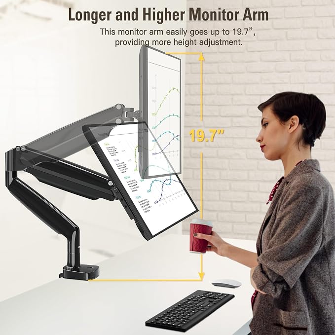 Single Monitor Mount Stand for 22-40" Computer Screens, Heavy Duty Gas Spring Monitor Arm Holds Up to 30.9 lbs, Adjustable Vesa Mount with C-Clamp & Grommet Base, Black