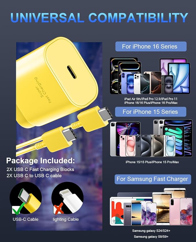 Phone 17 16 15 Charger Fast Charging,30W USB C Phone 17 16 15 Pro Max Charger Block &10FT Long Type C Cable Cord for i.Phone 17/Air/17 Pro/17 Pro Max/16/16 Plus/16 Pro/16 Pro Max/15/15 Pro Max,Yellow
