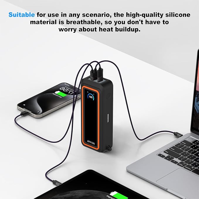 Silicone Case for Anker Prime Power Bank (26,250mAh 300W) Travel Protective Cover, Shockproof | Compact | Tactile Grip | Impact Protect for Anker Power Bank (300W), LCD Display Visible (Black Orange)