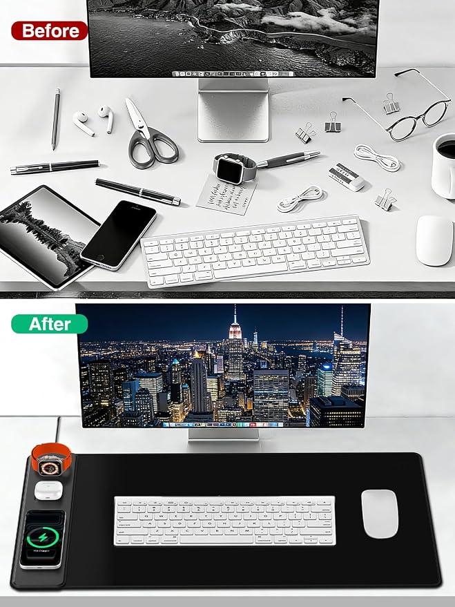 Mouse Pad with Magnetic Wireless Charging, Large Desk Mat, Non-Slip Mouse Mat, Keyboard Pad for Gaming, Desk, Office, PC (The Left Charging-Black)