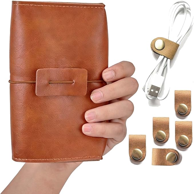Vintage leather Electronic organizer travel case,cord keeper travel pounch, charger shortage for essentials mouse, adapter, cables,Cable Straps,Earbud case,wrap (Brown leather with band & Organizer)