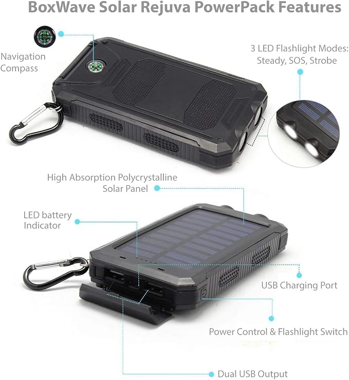 BoxWave Power Bank Compatible with Amazon Fire HD 8 (7th Gen 2017) - Solar Rejuva PowerPack (10000mAh), Solar Powered Backup Power Bank 10000mAh - Jet Black