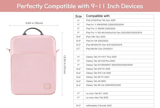 Dadanism 9-11 Inch Tablet Sleeve Bag Carrying Case with Shoulder Strap for iPad (A16) 11", iPad 10th Gen 10.9", iPad Air M4/Pro M5 11", iPad 9/8/7th 10.2", Galaxy Tab A11+ Plus 11", Pink
