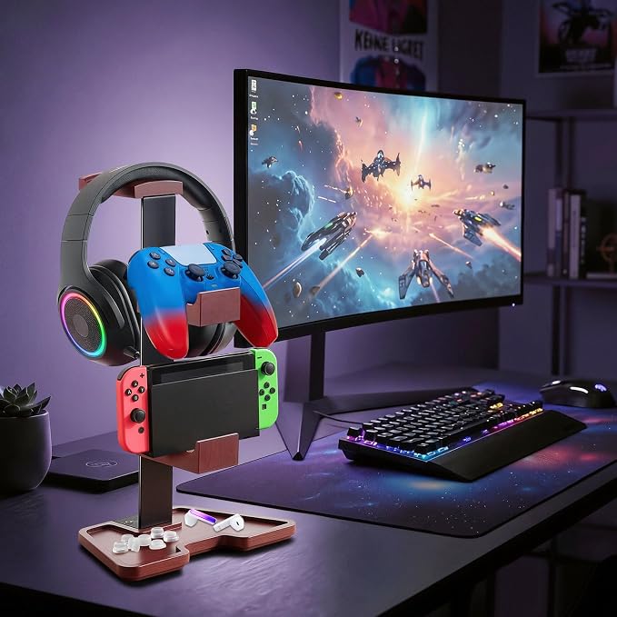 Solid Wood Headphone Stand Controller and Headset Stand Game Controller Holder for Desk Hanger Organizer Gaming Set Up Accessories for Xbox PS4 PS5 Nintendo Switch