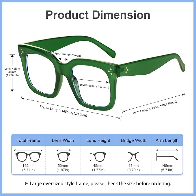 Ovresized Blue Light Blocking Glasses for Women Men Square Computer TV Eyeglasses