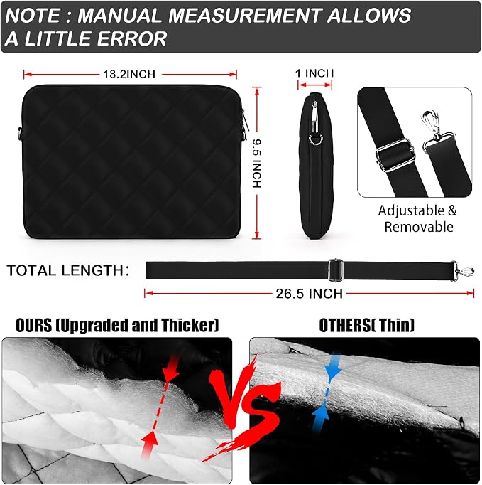Puffy Quilted Laptop Sleeve with a Removable Shoulder Strap Compatible with MacBook Air 13 inch M2 A2681 M1 A2337 A2179 A1932 2023-2018/Pro 13 M2 M1 A2338 A2251 A2289 A2159 A1989 A1706 A1708