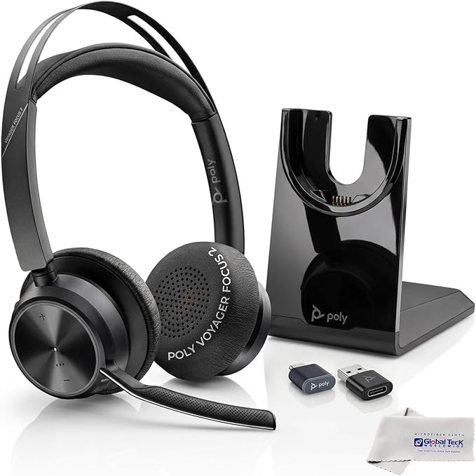 Poly Plantronics Voyager Focus 2 UC Bluetooth Stereo Headset with Charging Stand, USB-C/A Adapters, Connects to Teams, Zoom and All Leading UC Platforms, Pairs to Both Laptop and Cellphone, GTW Cloth