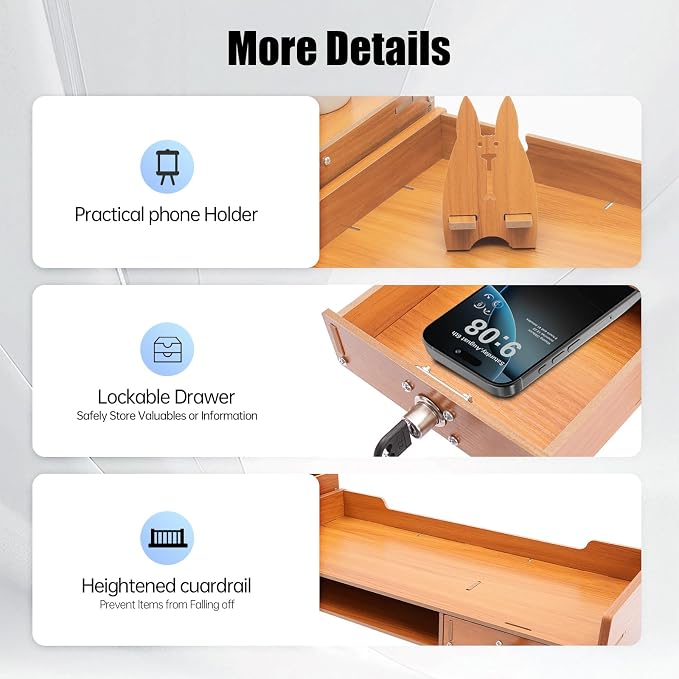 Wood Monitor Stand Riser with 3 Drawers & Lockable Storage – Desktop Organizer for Computer, Laptop, and Office Supplies, Ergonomic Monitor Stand for Desk, Workspace Organizers & Accessories