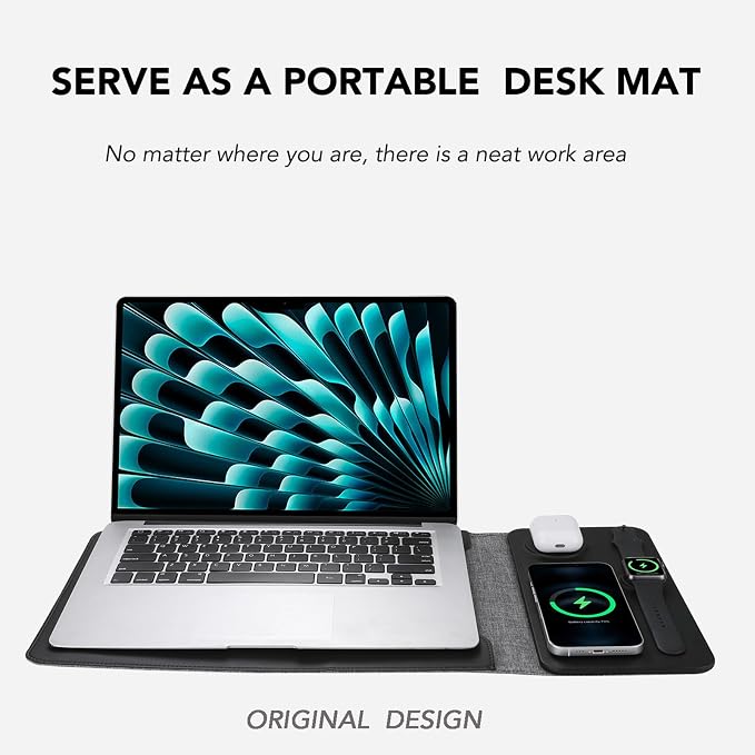 5-in-1 Laptop Sleeve with Wireless Charging for iPad MacBook Pro 12" 13" 14", Charge Mat for Phone Earbuds iWatch, Executive Office Organizer with Pocket, Waterproof Vegan Leather Case (Black)