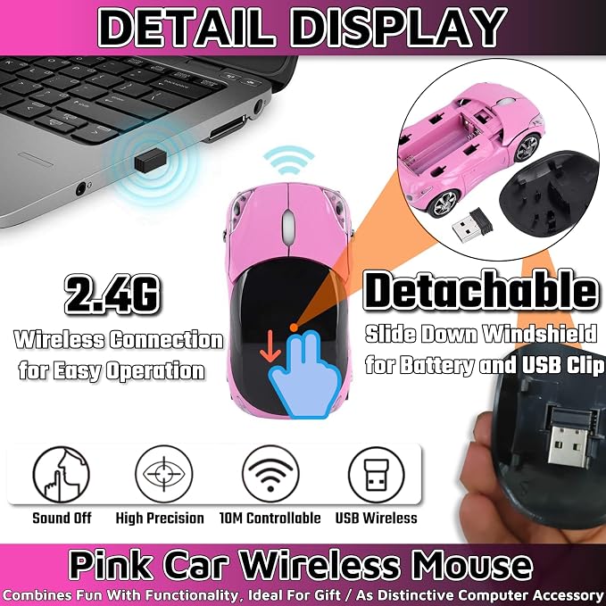 HuGuWdy Pink Wireless Car Mouse - 2.4G Wireless with USB Receiver, Optical Mouse for PC, Laptop, Tablet - Win XP/Vista/7/ME/2000/Mac OS Pink Mouse for Her for Christmas