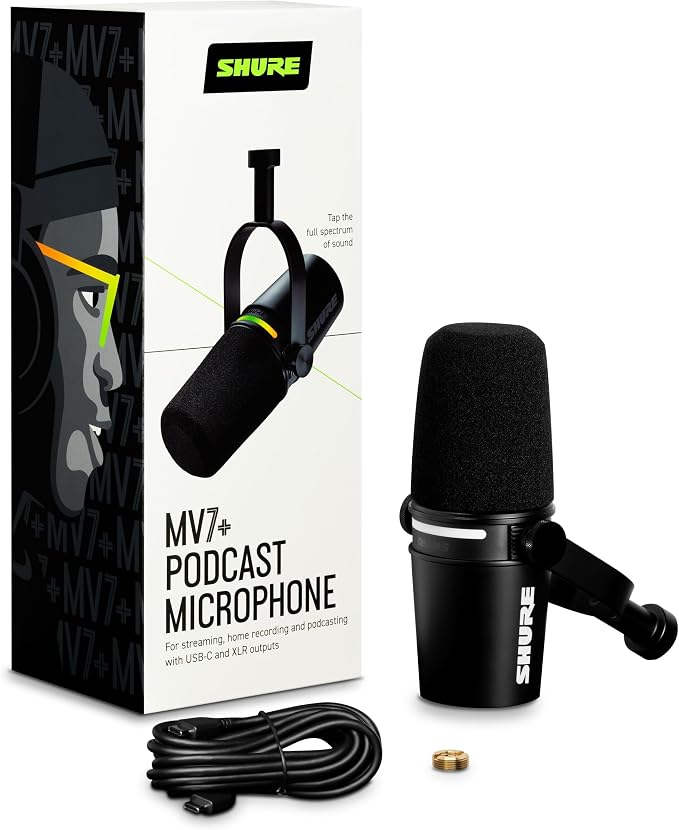 Shure MV7+ Dynamic Microphone – USB-C & XLR Podcast Mic for Streaming, Recording & Broadcasting, OBS Certified, Auto Level Mode, Digital Pop Filter, LED Panel, Black