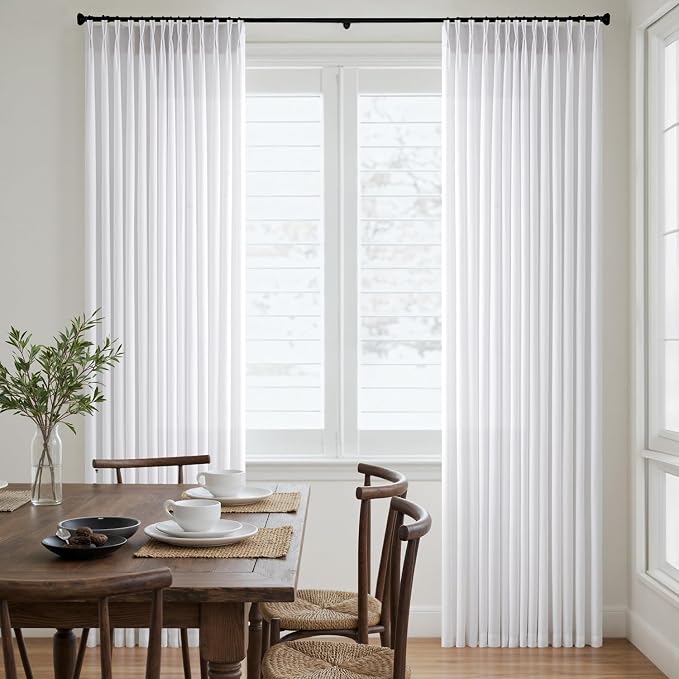 Memory Trained Pinch Pleated Curtains 80 Inches Long, Viral Linen Pinch Pleat Sheer Curtains with Ring Hooks&Clips for Track System Living Room, White Light Filtering Privacy Curtain 2 Panel Set