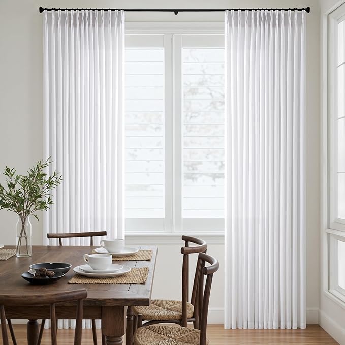 Memory Trained Pinch Pleated Curtains 63 Inches Long, Viral Linen Pinch Pleat Sheer Curtains with Ring Hooks&Clips for Track System Living Room, White Light Filtering Privacy Curtain 2 Panel Set