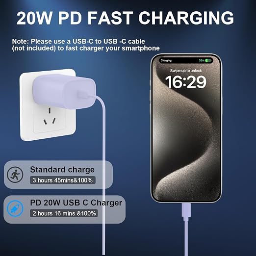 Phone 17 16 15 Charger Fast Charging Type C Chargers USB C Fast Charger Block & Phone 17 Charger Cord 6.6FT Long USB C Charging Cable for Phone 17/17 Pro/17 Pro Max/Air/Phone 16 15 Pro Max,Purple