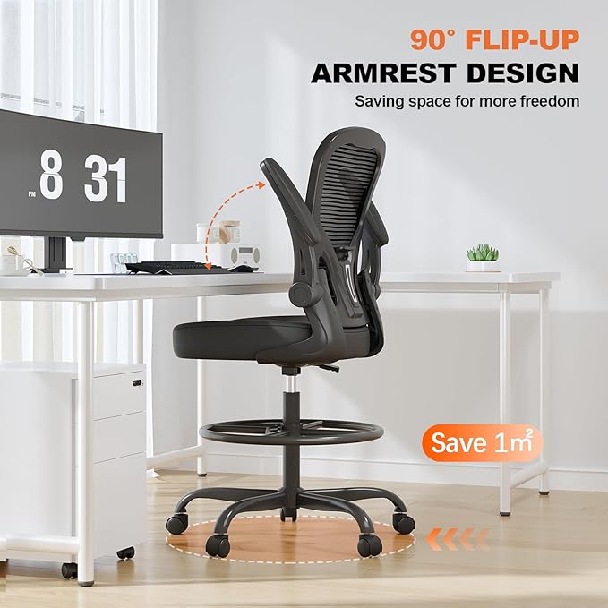 Ergonomic Drafting Chair, Tall Office Chair with Flip-up Armrests, Breathable Mesh High Desk Chair with Lumbar Support Adjustable Footrest Ring for Standing Desk Black
