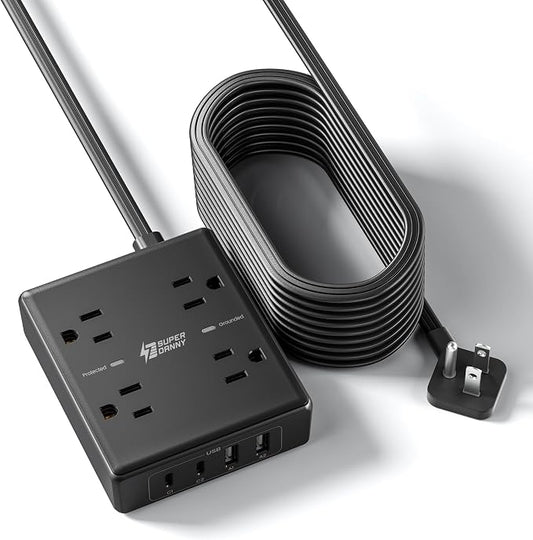 SUPERDANNY Flat Plug Power Strip Surge Protector 10 Ft Long Flat Extension Cord with 4 Outlets & 4 USB (2 USB-C) Charging Station for Home Office, College Dorm Room Essentials, Travel, Black