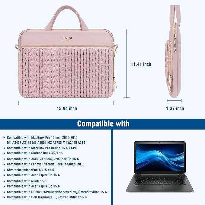 MOSISO 13.3 inch Laptop Shoulder Bag for Women, 13-14 inch Computer Bags Compatible with MacBook Neo 13/Air 13.6/13/Pro 13/14,HP Dell Lenovo ASUS, Wheat Ear Quilted Laptop Bag with Handle&Pocket, Pink