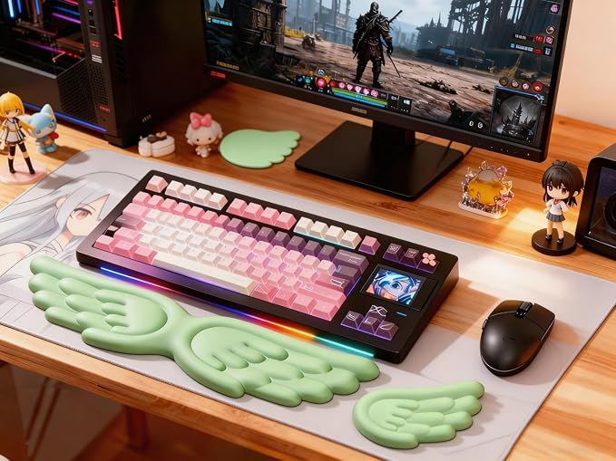Angel Wing Wrist Rest Ergonomic Memory Foam Wrist Rest for Computer Keyboard Mouse Set with Cup Mat, Cute Gaming Keyboard Cushion Hand Support PU Leather Surface Anti-Slip Waterproof (Green)