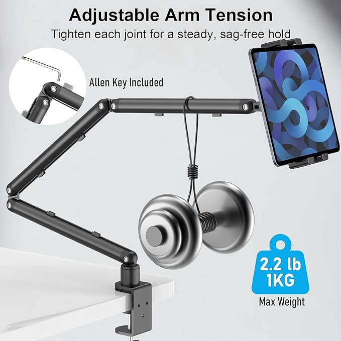 Portable Monitor Stand 15.6", Heavy Duty Tablet Arm Mount with Desk Clamp, Sag-Free Adjustable iPad Holder for Bed, 360° Foldable Arm Fits 4.7"-18.5" iPad Pro/Air/Mini, 2.2lbs Capacity, Matte Black