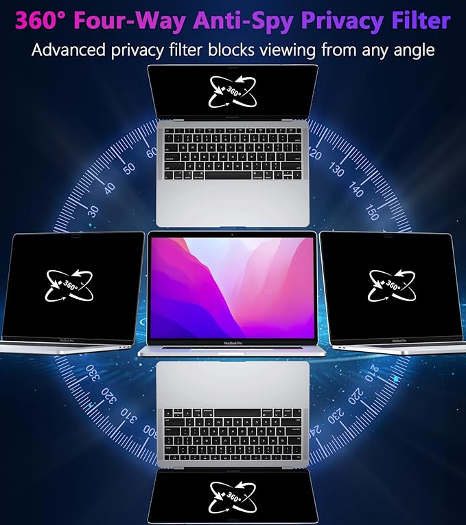 PYS 4-Way Privacy Screen for MacBook Pro 13 Inch (2016-2022, M1, M2) & MacBook Air 13 Inch (2018-2021, M1) - 360° Anti-Spy Filter, Matte Anti-Glare Protector, Scratch-Resistant Film, Laptop Privacy Filter Shield