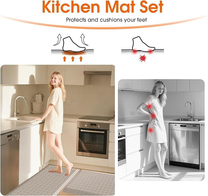 TranquilRelax 4/5 Inch Thick Anti-Fatigue Kitchen Mats 2Pcs, Cushioned Non-Slip Waterproof Sink & Stove Floor Mats, Comfortable Standing Rug Set for Kitchen, Laundry & Entryway, Brown