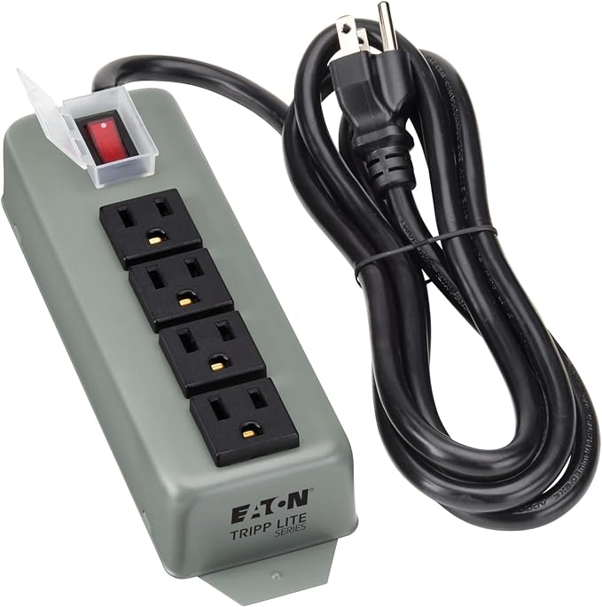 Eaton Tripp Lite series 4-Outlet Heavy Duty Power Strip, Metal, Mountable (Wall Mount & Under Desk), 6ft Extension Cord, On/Off Switch Cover, Industrial Garage Shop Work Bench Applications (UL603CB-6)