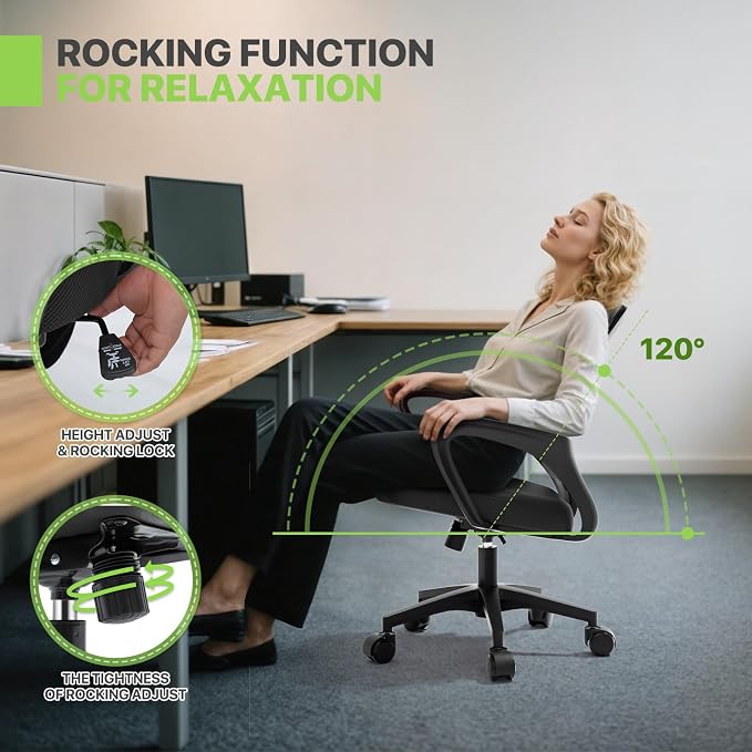 Magshion Ergonomic Office Desk Chair, Mid-Back Mesh Computer Chair, Swivel Chair with Breathable Backrest & Lumbar Support, Adjustable Height for Gaming, Work, Study, 300 Lbs Capacity, Black